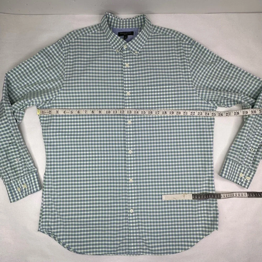 Banana Republic Mens XL Slim Fit Gingham Button Down Shirt‎ Green White Cotton